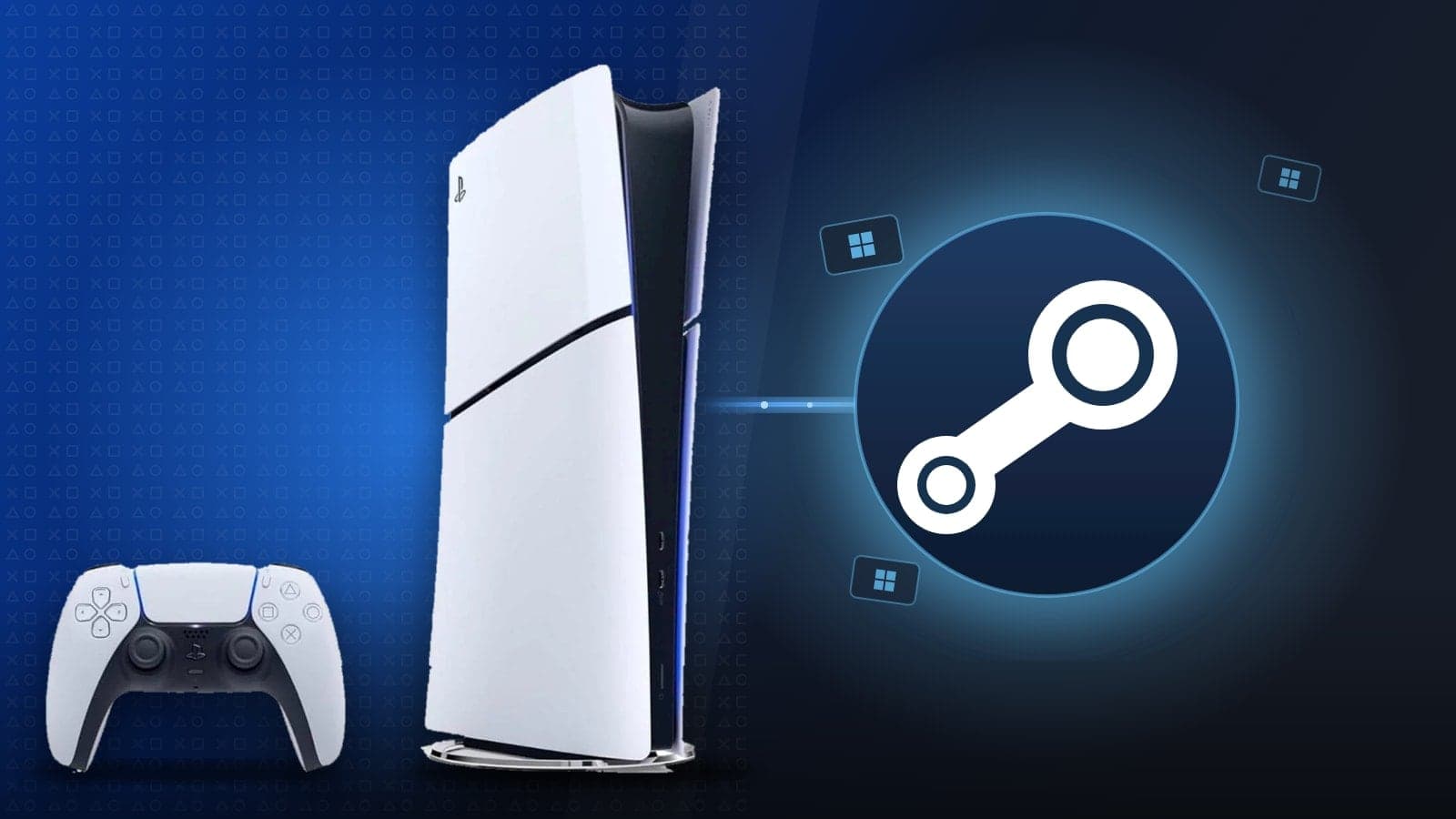 PlayStation 5 Slim konsolu ve DualSense kumandası yanında Steam logosu
