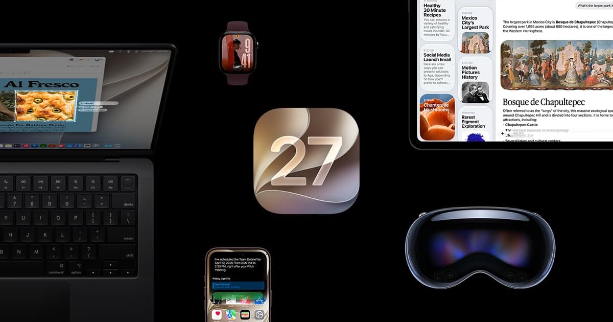 Apple'ın iOS 27 tanıtım görseli: ortada iOS 27 simgesi, çevresinde MacBook, iPad, iPhone, Apple Watch ve Vision Pro
